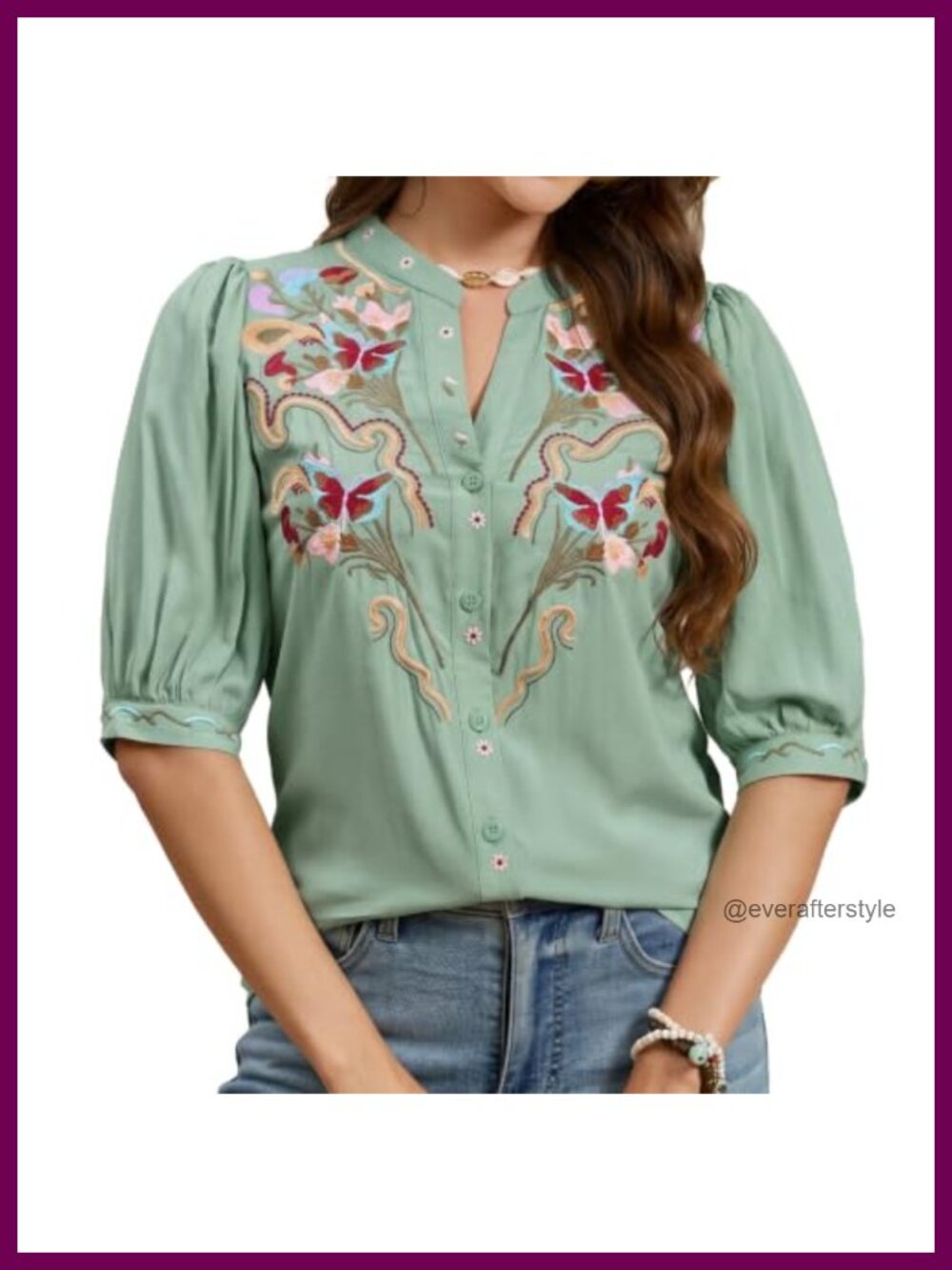 Mexican Fiesta Floral Embroidered Boho Button Down Blouse Puff Sleeve Peasant